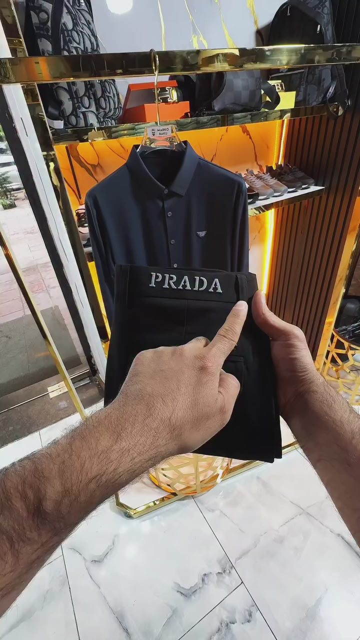 Prada Lacivert Düğmeli Saten Gömlek & Prada Siyah  Kumaş Pantalon