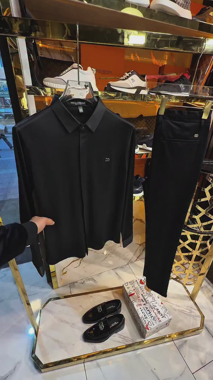 DG Siyah Gizli Düğmeli Saten Gömlek & DG Kumaş Pantalon