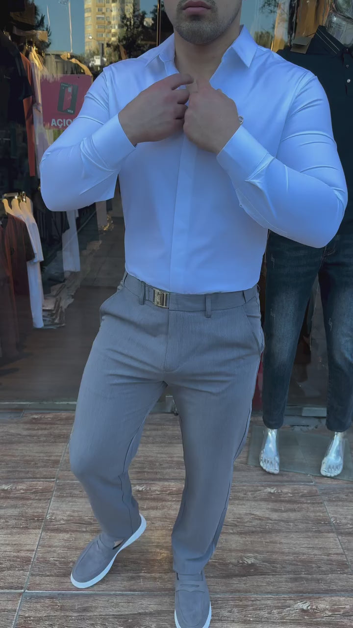 DG Beyaz Gizli Düğmeli Saten Gömlek &  Gri Kumaş Pantalon