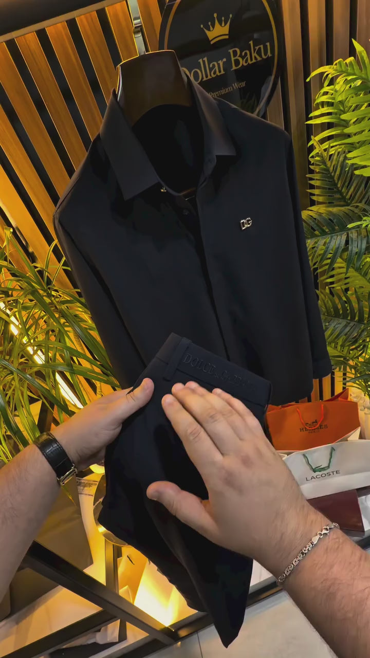 DG Siyah Gizli Düğmeli Saten Gömlek & Kumaş Pantalon