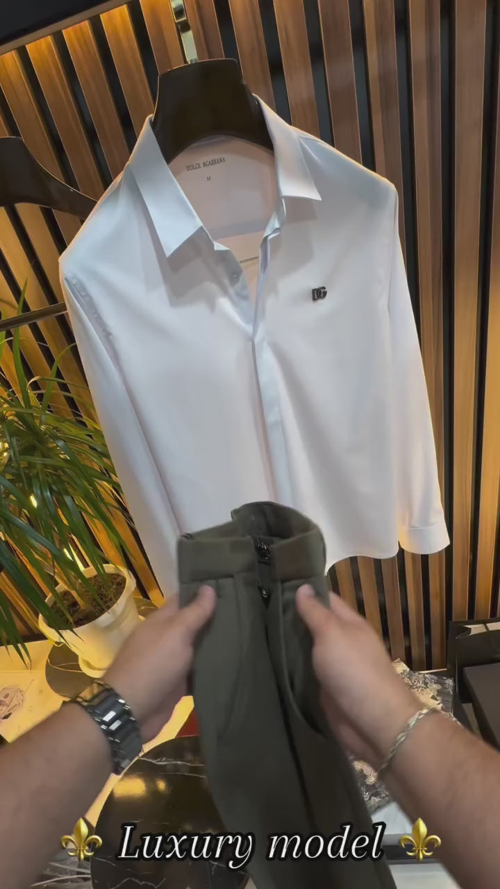 DG Beyaz Gizli Düğmeli Saten Gömlek & Haki Kumaş Pantalon