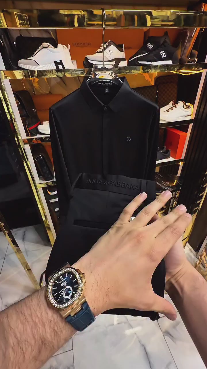 DG Siyah Gizli Düğmeli Saten Gömlek & Kumaş Pantalon