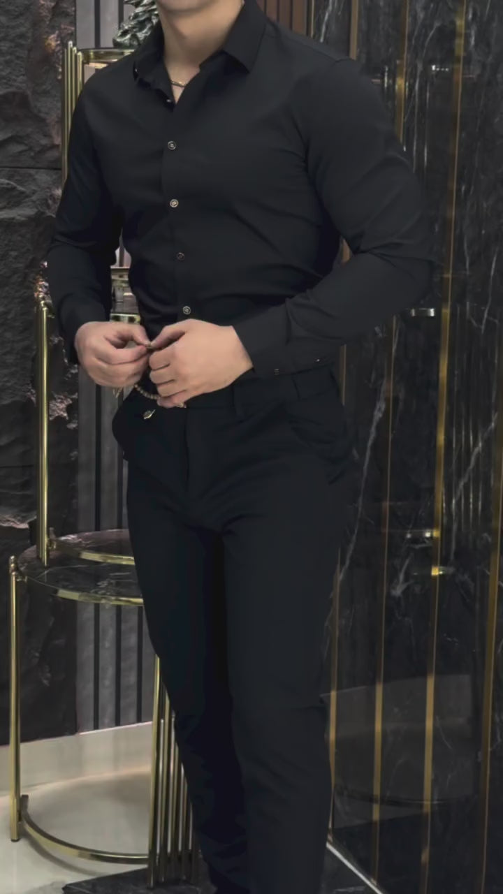 DG Siyah Gold Düğmeli Saten Gömlek & Kumaş Pantalon