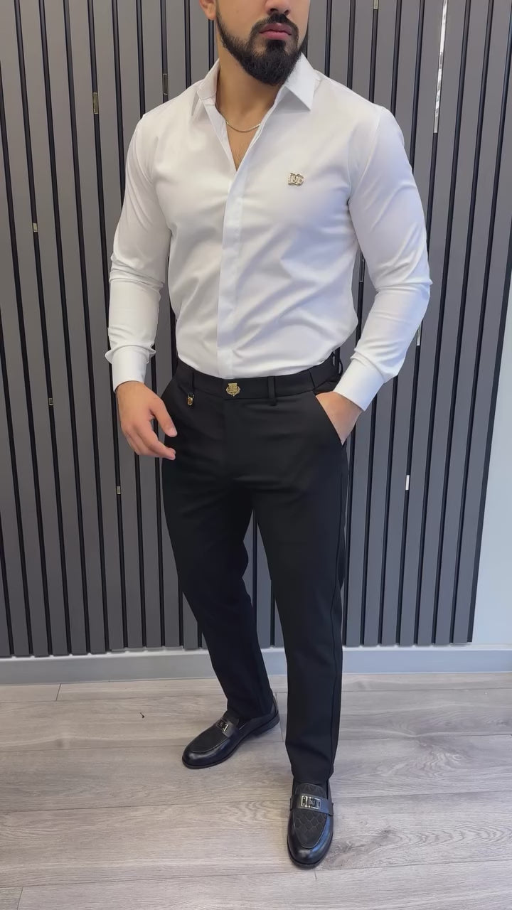 DG Beyaz Gizli Düğmeli Saten Gömlek & Kumaş Pantalon
