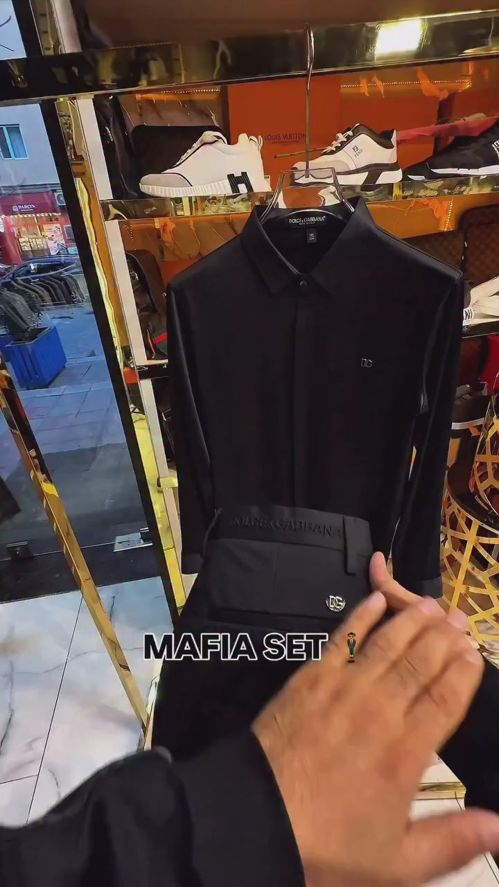 DG Siyah Gizli Düğmeli Saten Gömlek & Kumaş Pantalon