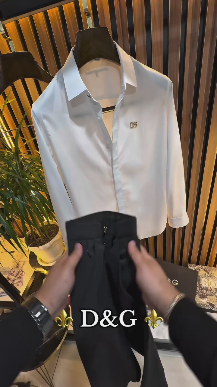 DG Beyaz Gizli Düğmeli Saten Gömlek & Siyah Kumaş Pantalon