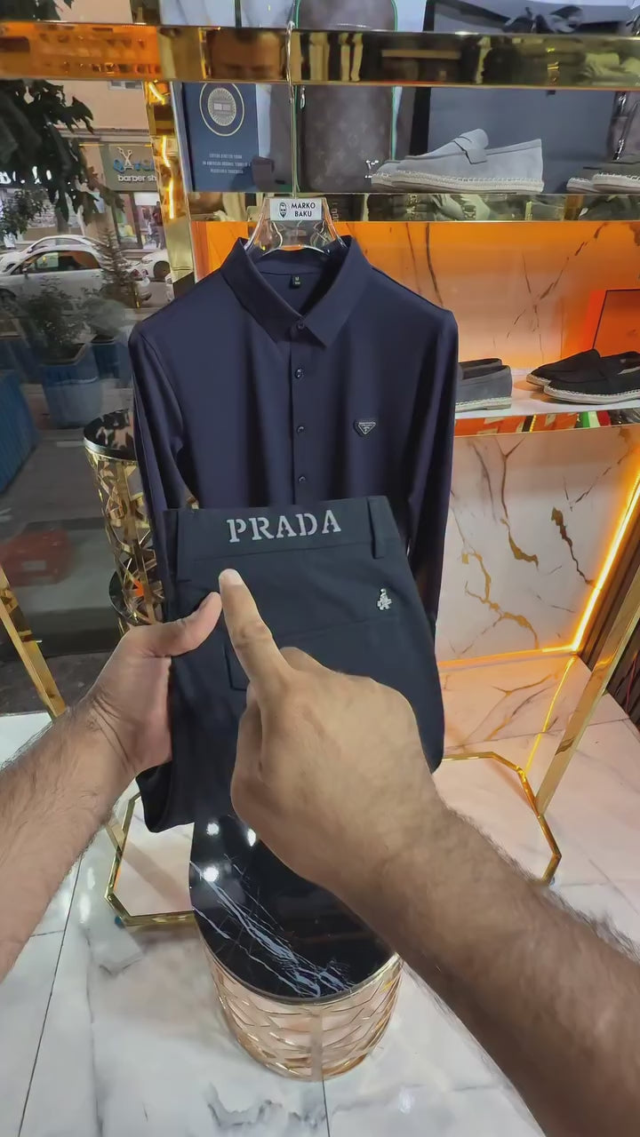 Prada Lacivert Düğmeli Saten Gömlek & Siyah Prada  Kumaş Pantalon