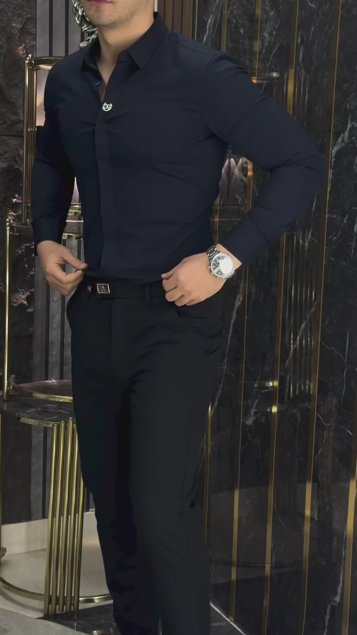 DG Siyah Gizli Düğmeli Saten Gömlek & Kumaş Pantalon
