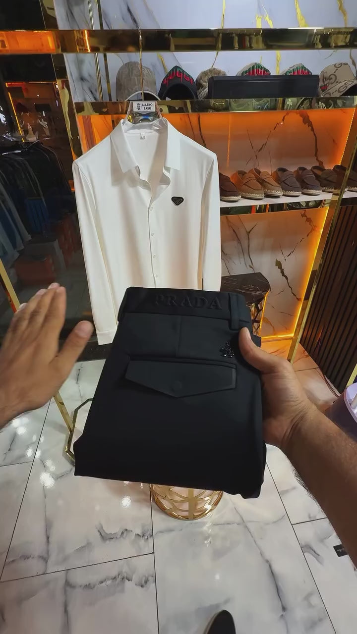 Prada Beyaz Düğmeli Saten Gömlek & Siyah Kumaş Pantalon